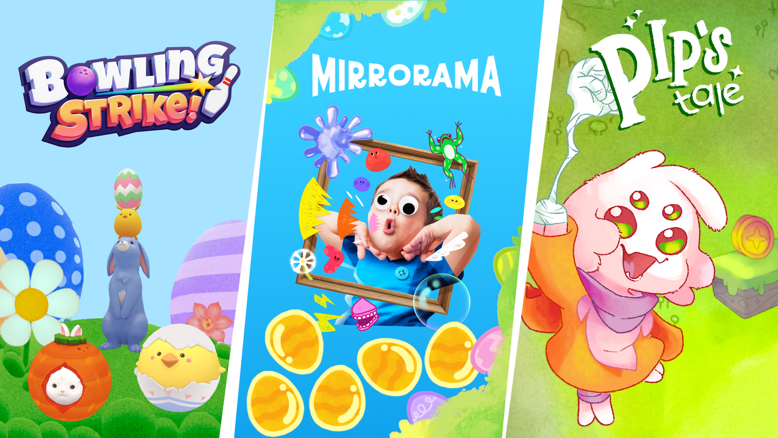 Images from Nex Playground games Bowling Strike!, Mirrorama, and Pip's Tale, featuring the Spring Break Update items