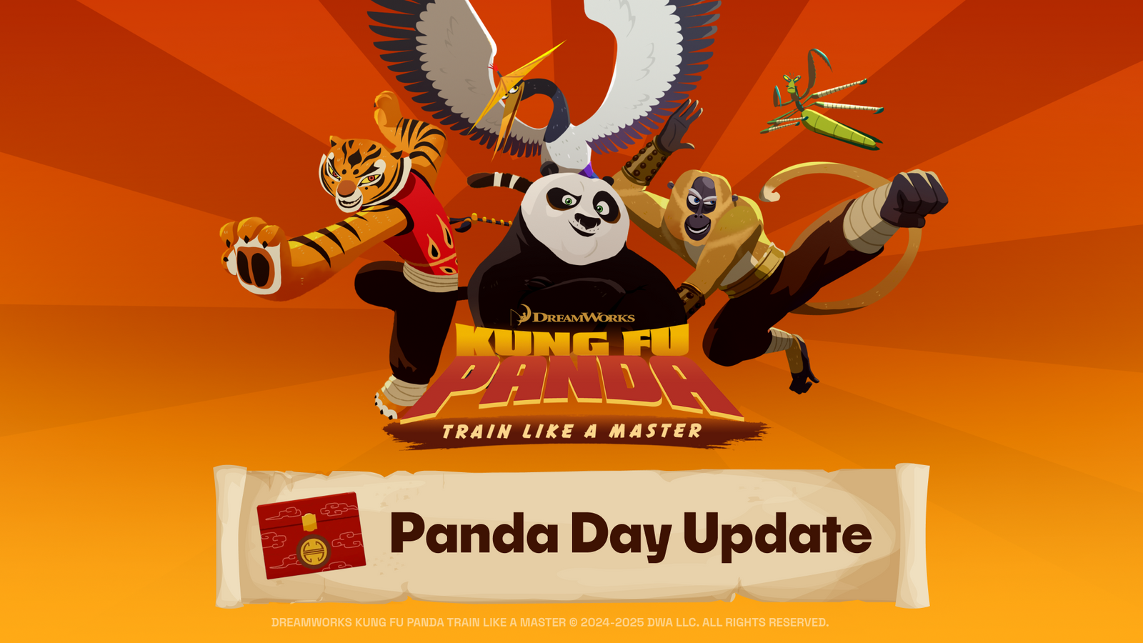 Po and other members of the Furious Five with text "Kung Fu Panda: Train Like A Master Panda Day Update"