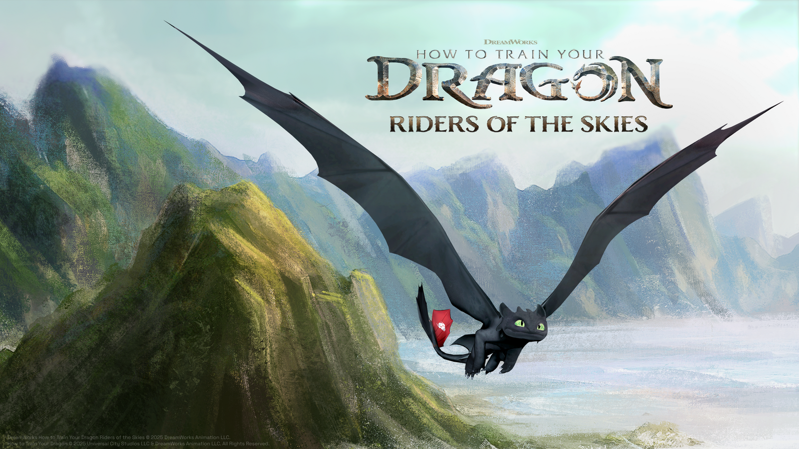 Image of Toothless flying through a rugged landscape with text "Dreamworks How to Train Your Dragon: Riders of the Skies" a new game on Nex Playground.