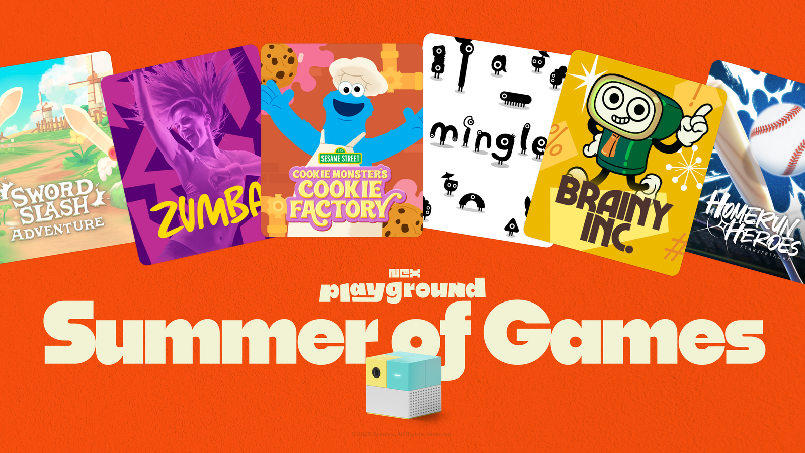 6 new game tiles on reddish orange background with text "Nex Playground Summer of Games". Click to read more summer game details.