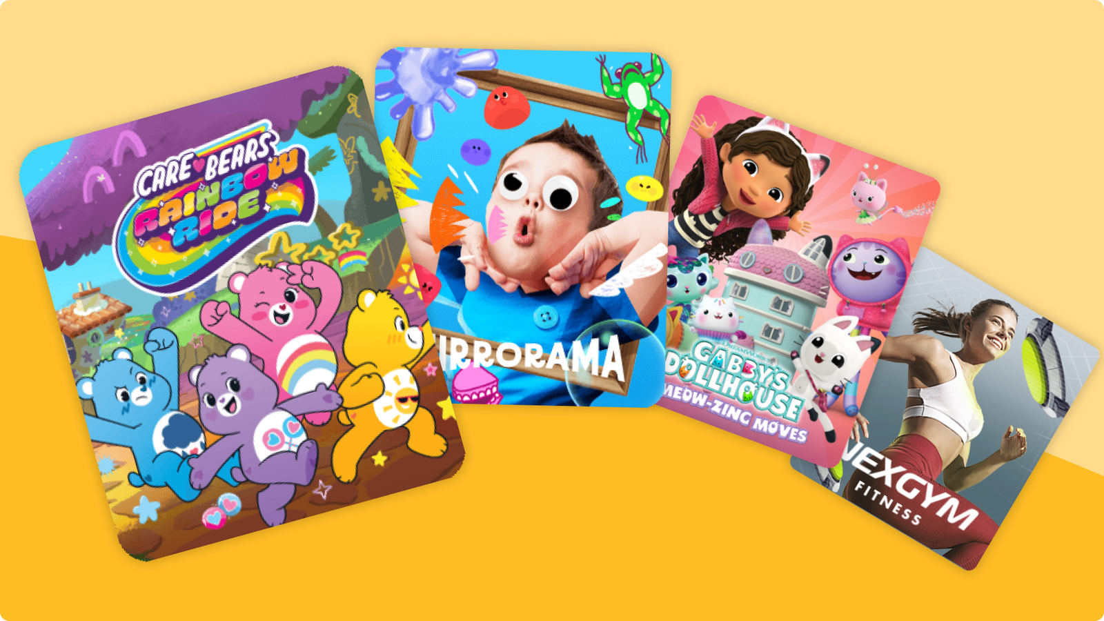Some of our featured summer game udpates, including game tiles for Care Bears, Mirrorama, Gabby, and NexGym, on a orange background.